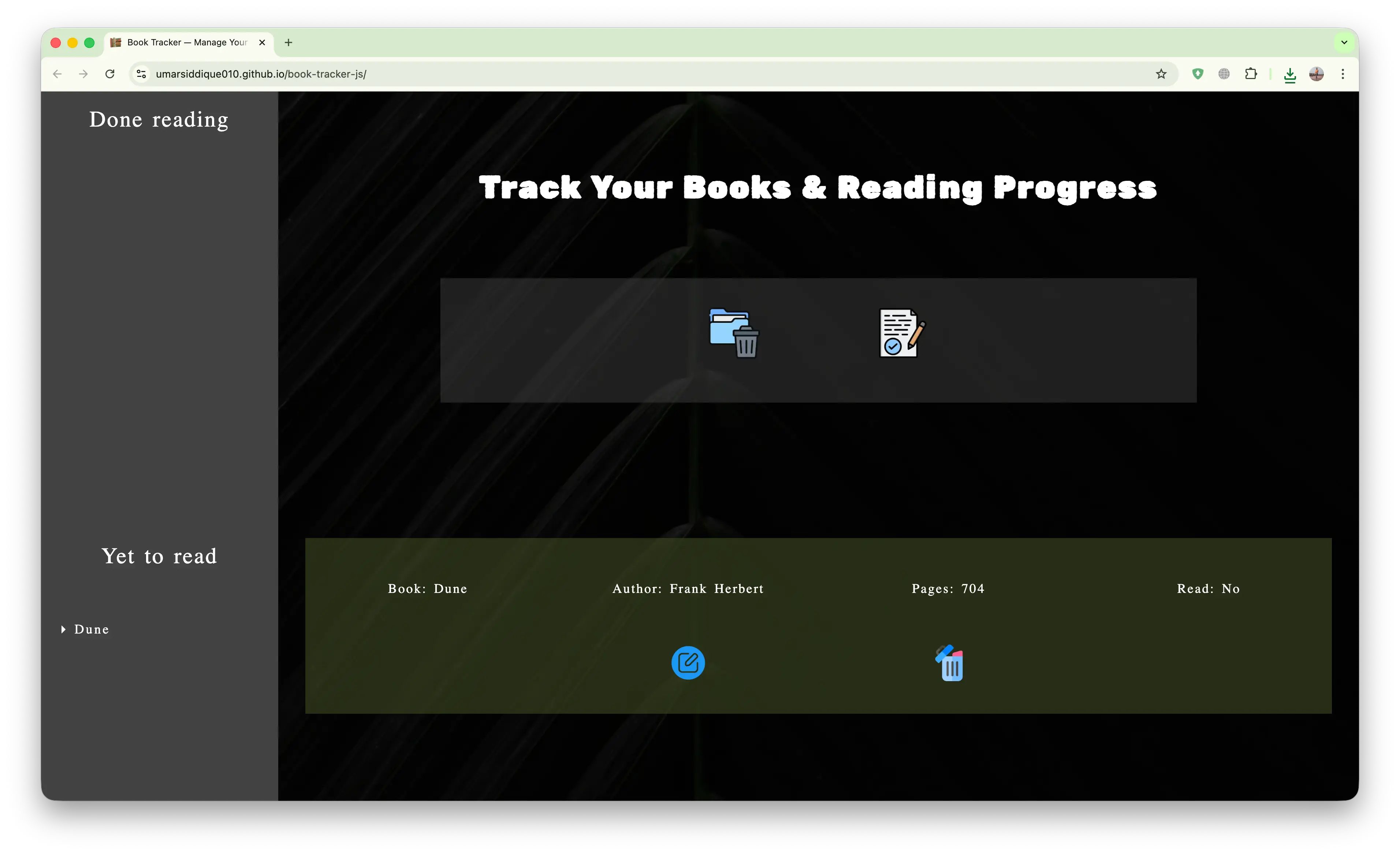 Screenshot of Book Tracker JS Desktop View