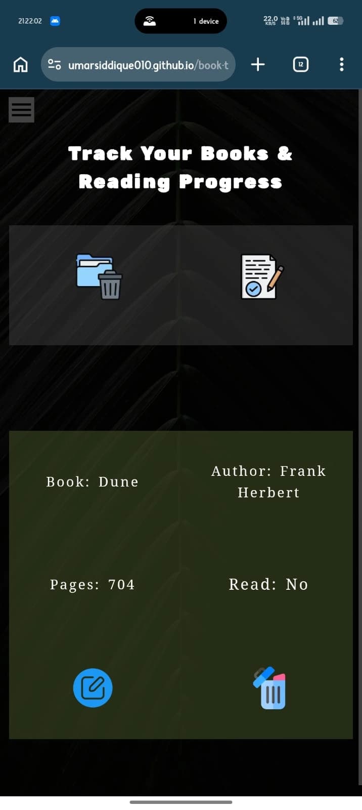 Screenshot of Book Tracker JS Mobile View