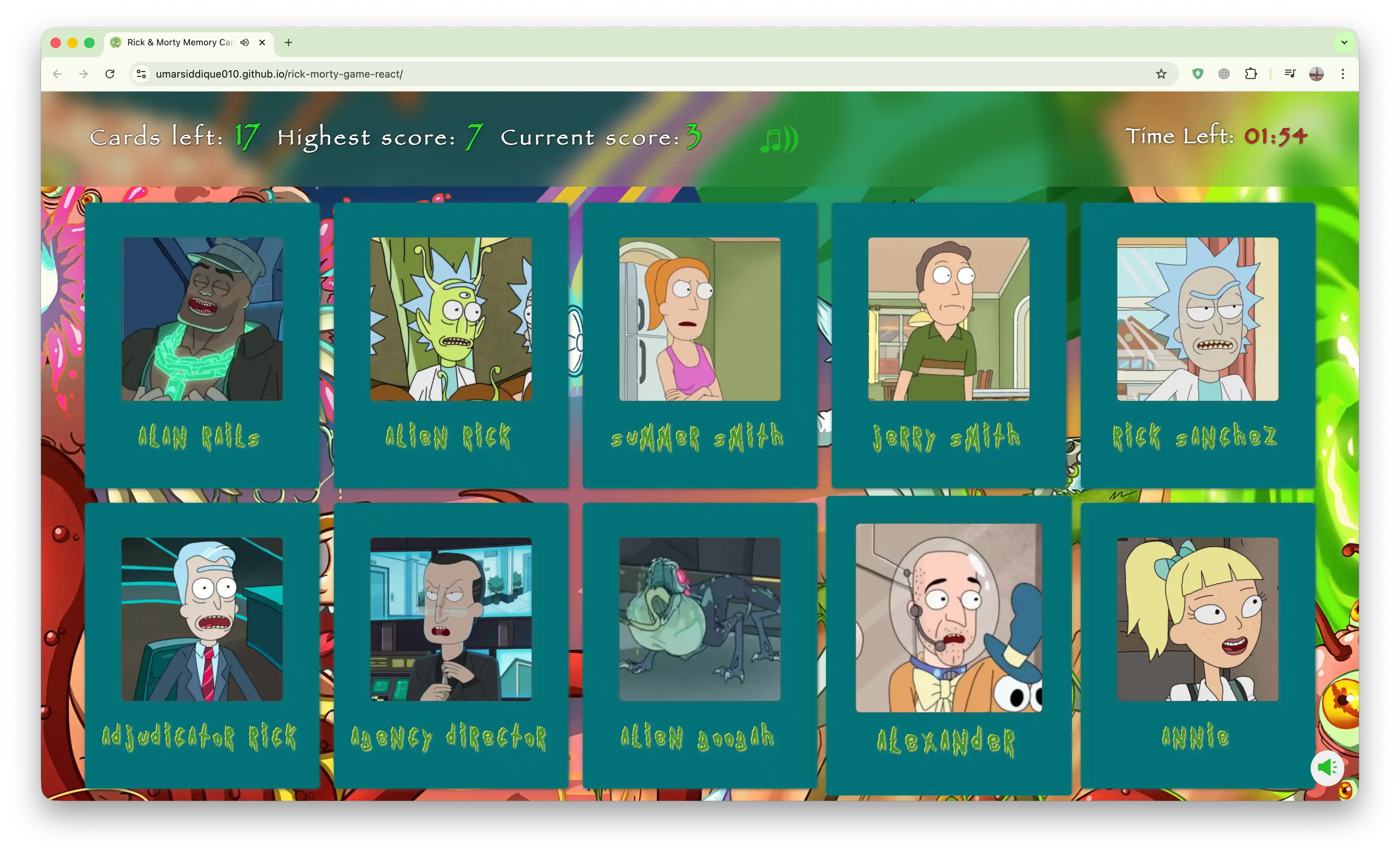 Screenshot of Rick & Morty Memory Game Desktop View