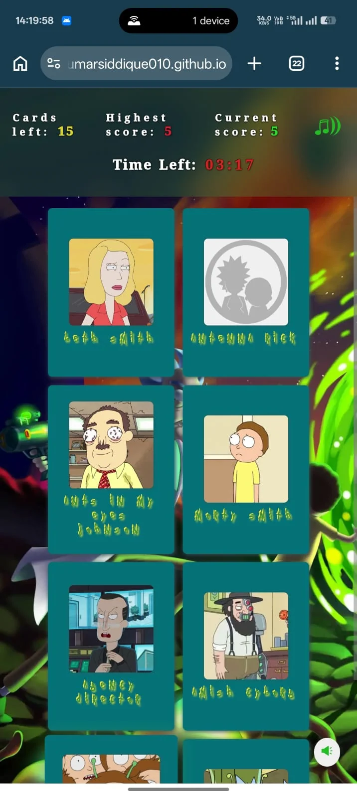 Screenshot of Rick & Morty Memory Game Mobile View