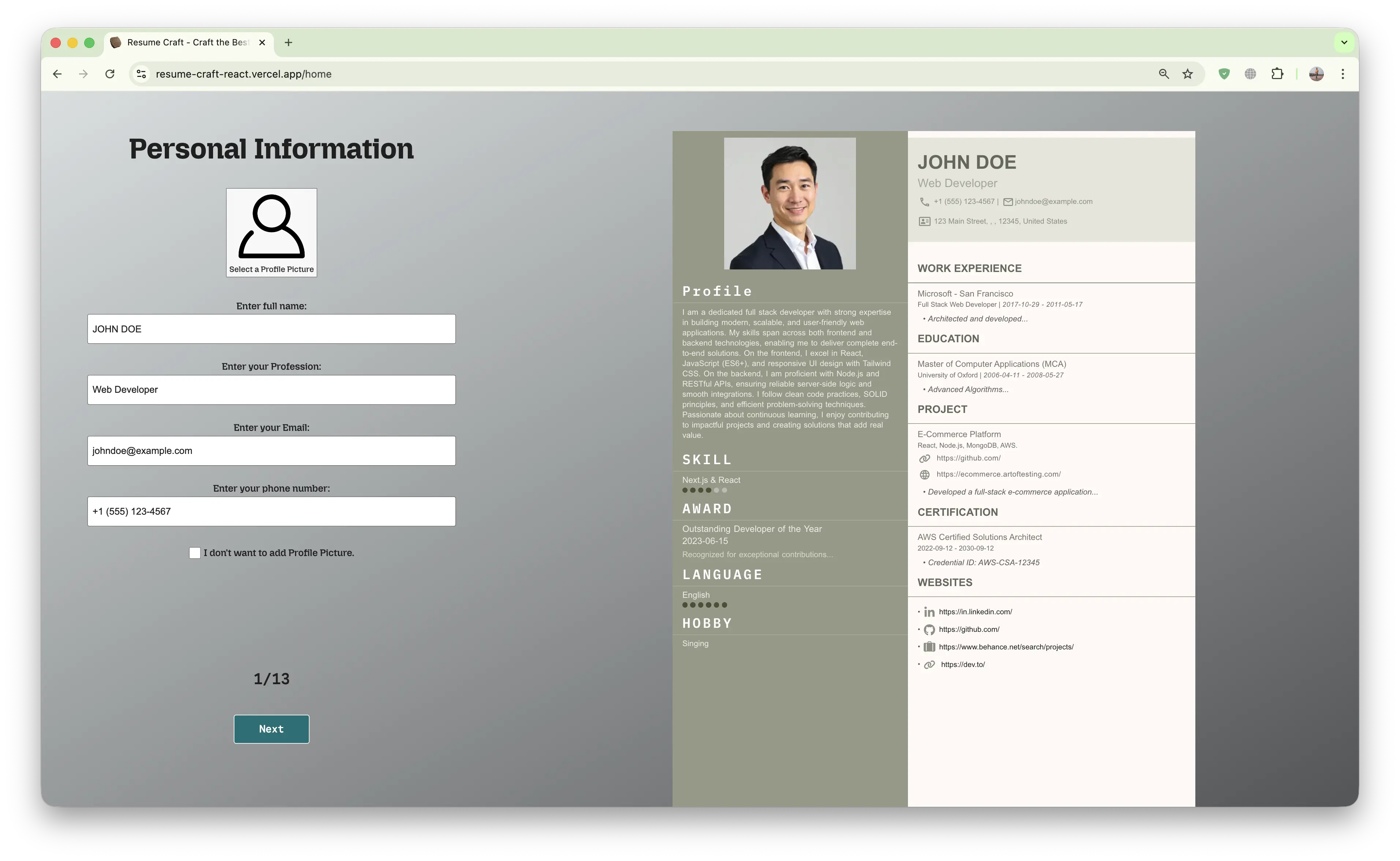 Resume Craft Desktop View