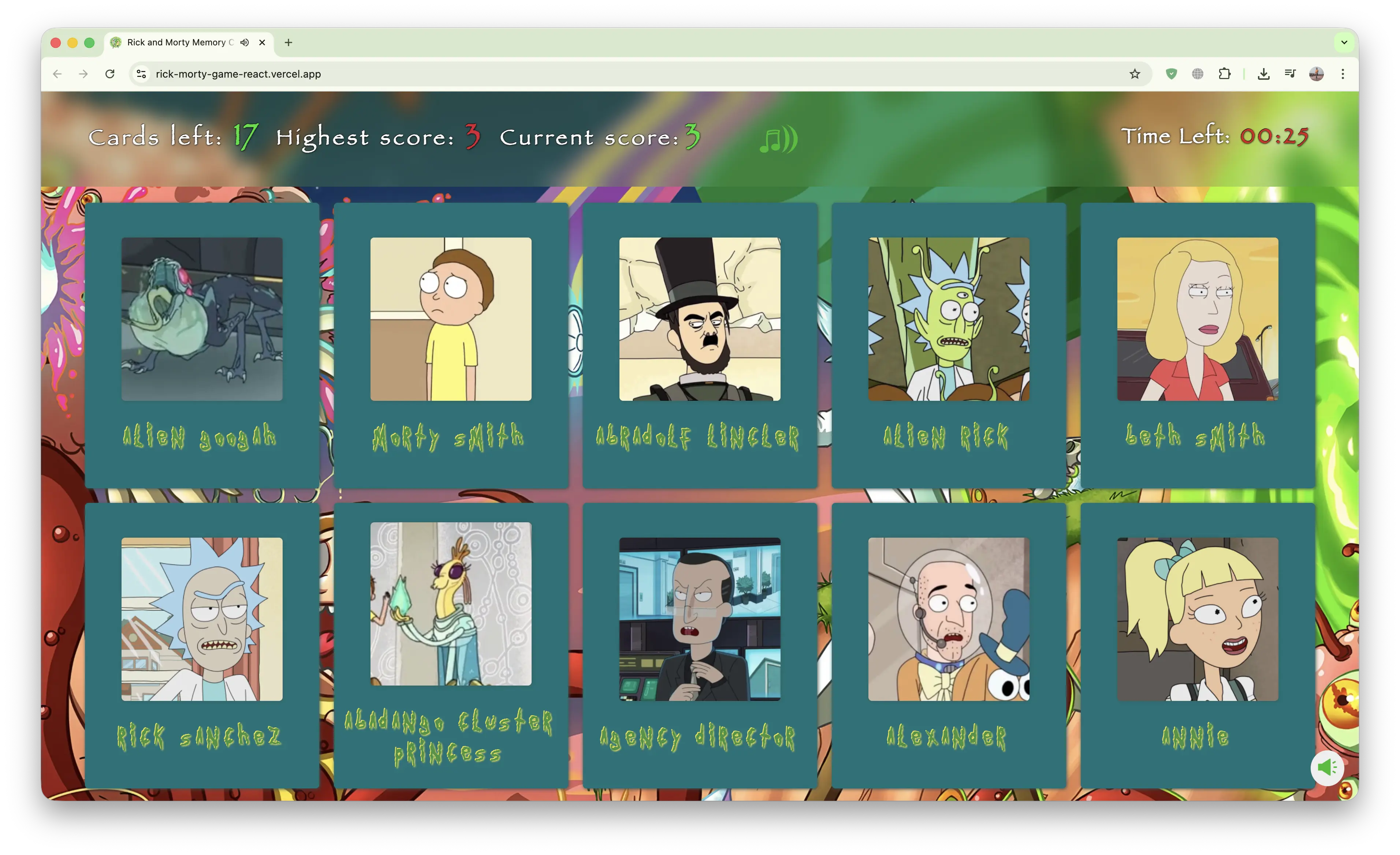 Rick & Morty Memory Game Desktop View